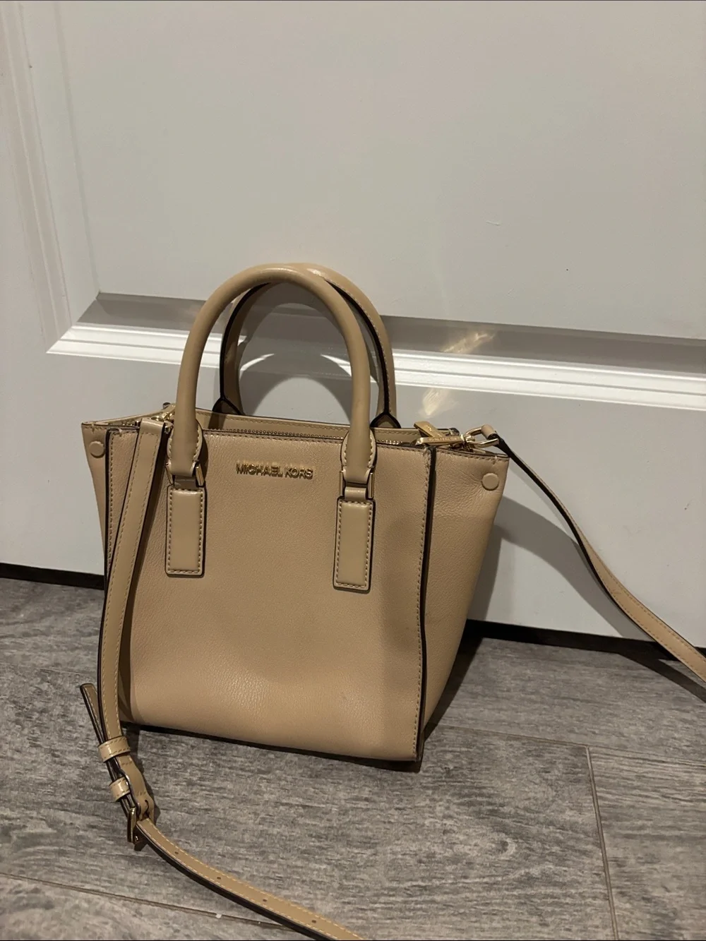 Michael Kors Taupe Leather Satchel with Gold-Tone Hardware